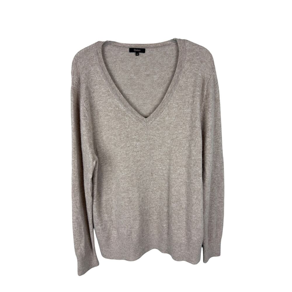 Quince Oatmeal Cream Mongolian Cashmere V-Neck Long Sleeve Plus Size Sweater 1X - Picture 2 of 7